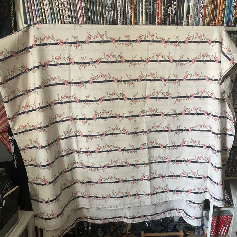 Vintage Fieldcrest Cannon Full Flat Sheet Pink Floral‎ Navy Stripe Cottagecore